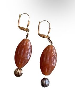 Vintage Earrings Dangle Copper Glass Orange Stone 1.75 Inches Beaded